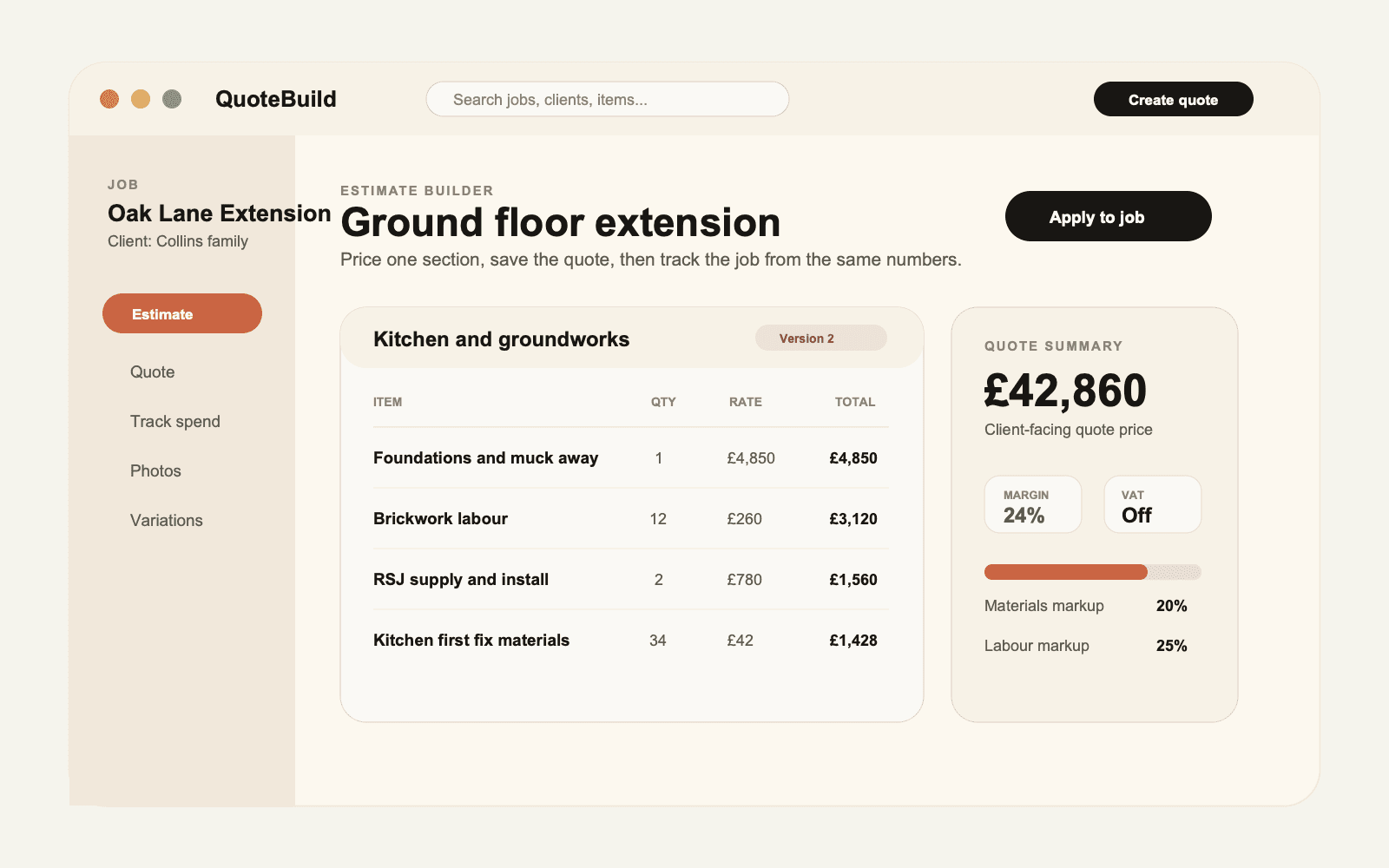 QuoteBuild estimate builder with trade sections and line item pricing
